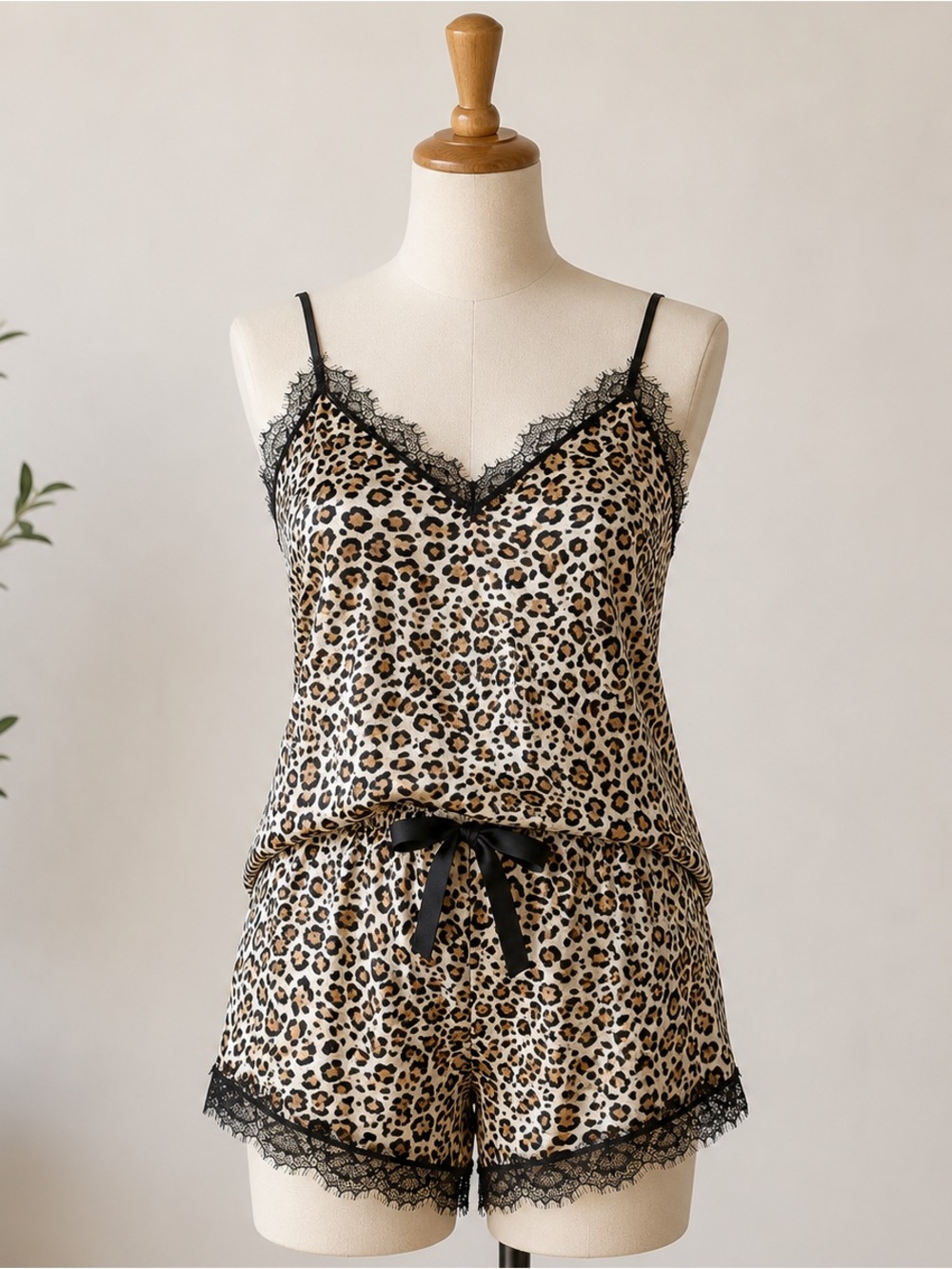 Leopard Lace-Trim Cami & Shorts Pajama Set - Black/Tan